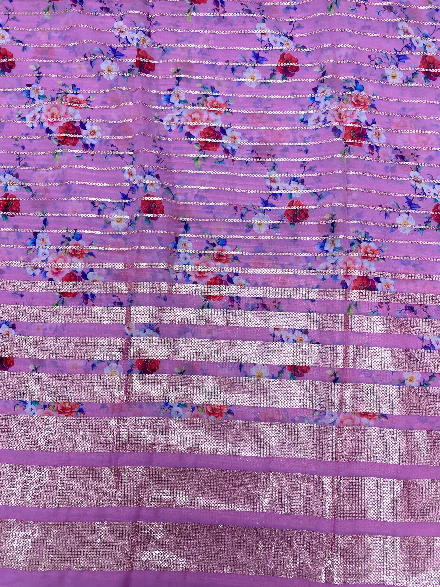 Beautiful Multicolor Floral Print With Golden Sequin Stripe Work On Georgette Fabric