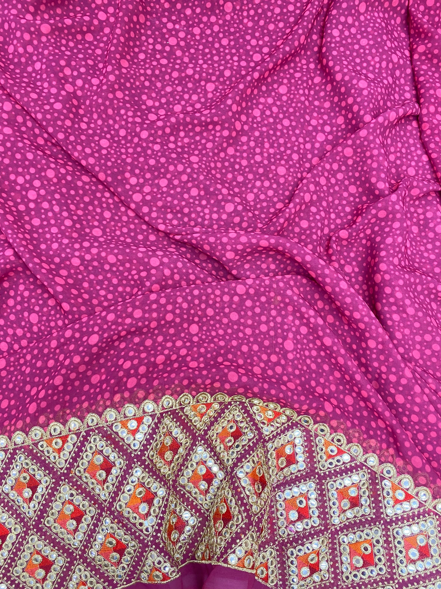 Pretty Amazing Polka Dot Print And Multi Color Thread Embroidery With Faux Mirror And Zari Work On Georgette Fabric