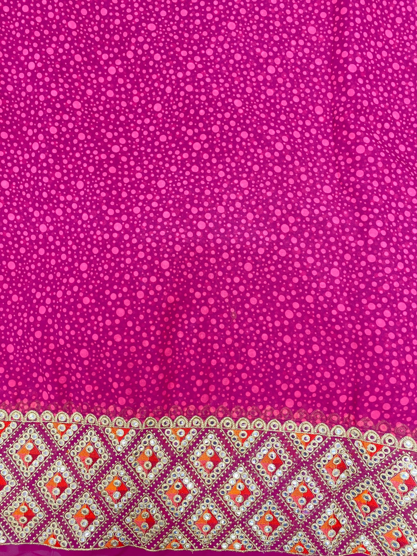 Pretty Amazing Polka Dot Print And Multi Color Thread Embroidery With Faux Mirror And Zari Work On Georgette Fabric