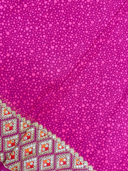 Pretty Amazing Polka Dot Print And Multi Color Thread Embroidery With Faux Mirror And Zari Work On Georgette Fabric