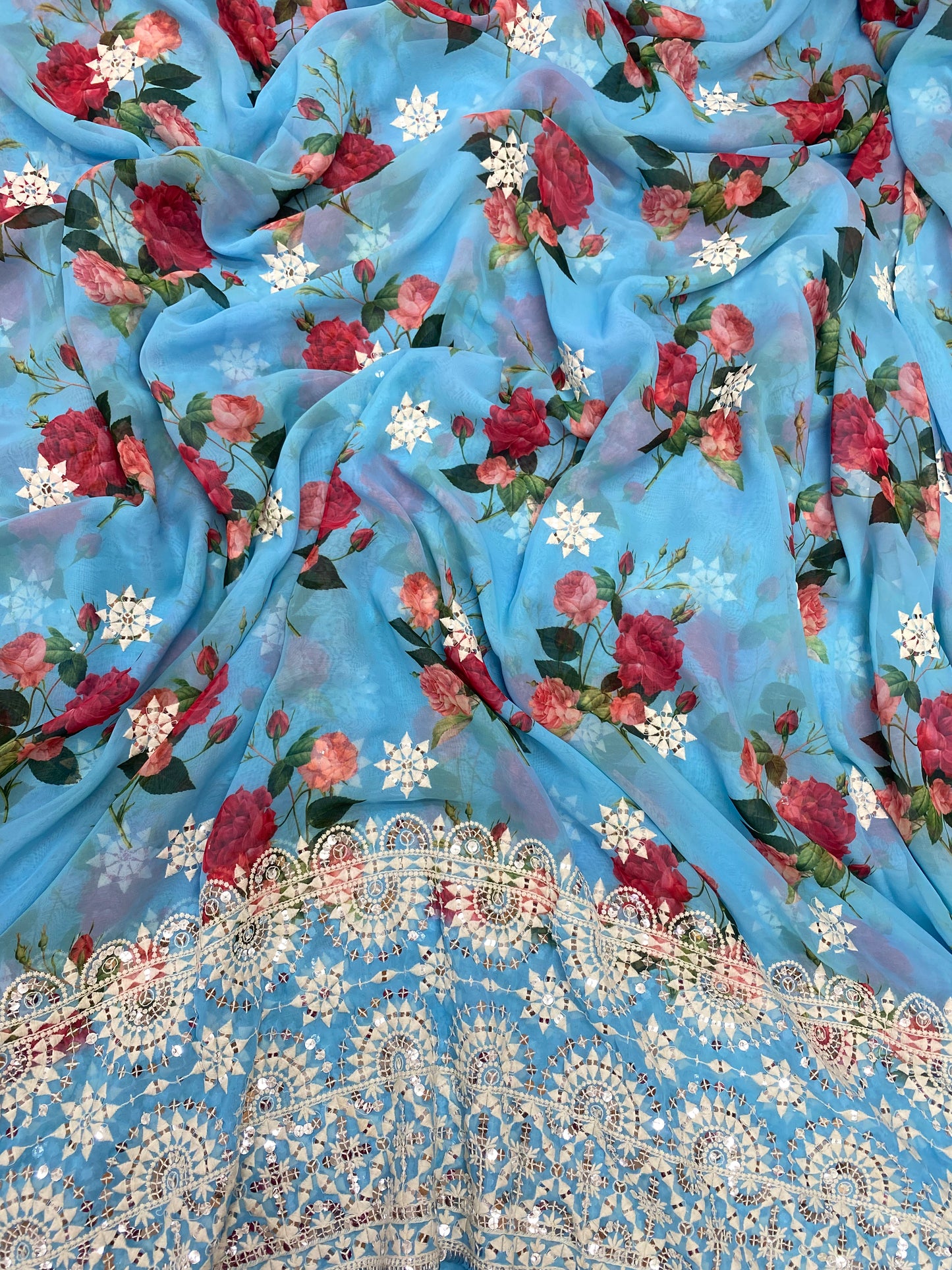 Red Rose Floral Print And White Ethnic Thread Embroidery With Sequin Work On Georgette Fabric