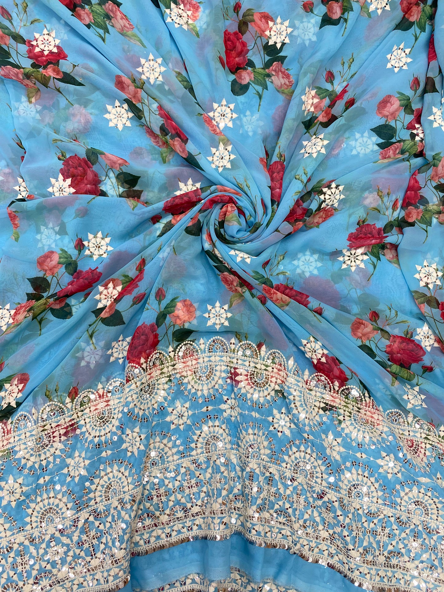 Red Rose Floral Print And White Ethnic Thread Embroidery With Sequin Work On Georgette Fabric