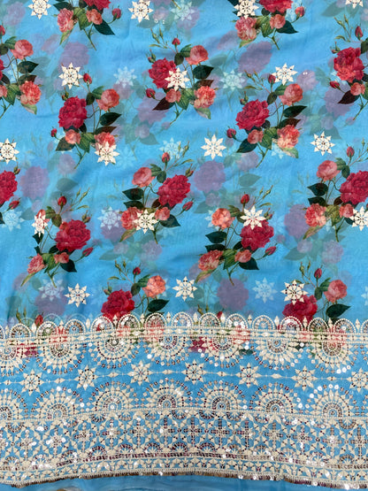 Red Rose Floral Print And White Ethnic Thread Embroidery With Sequin Work On Georgette Fabric