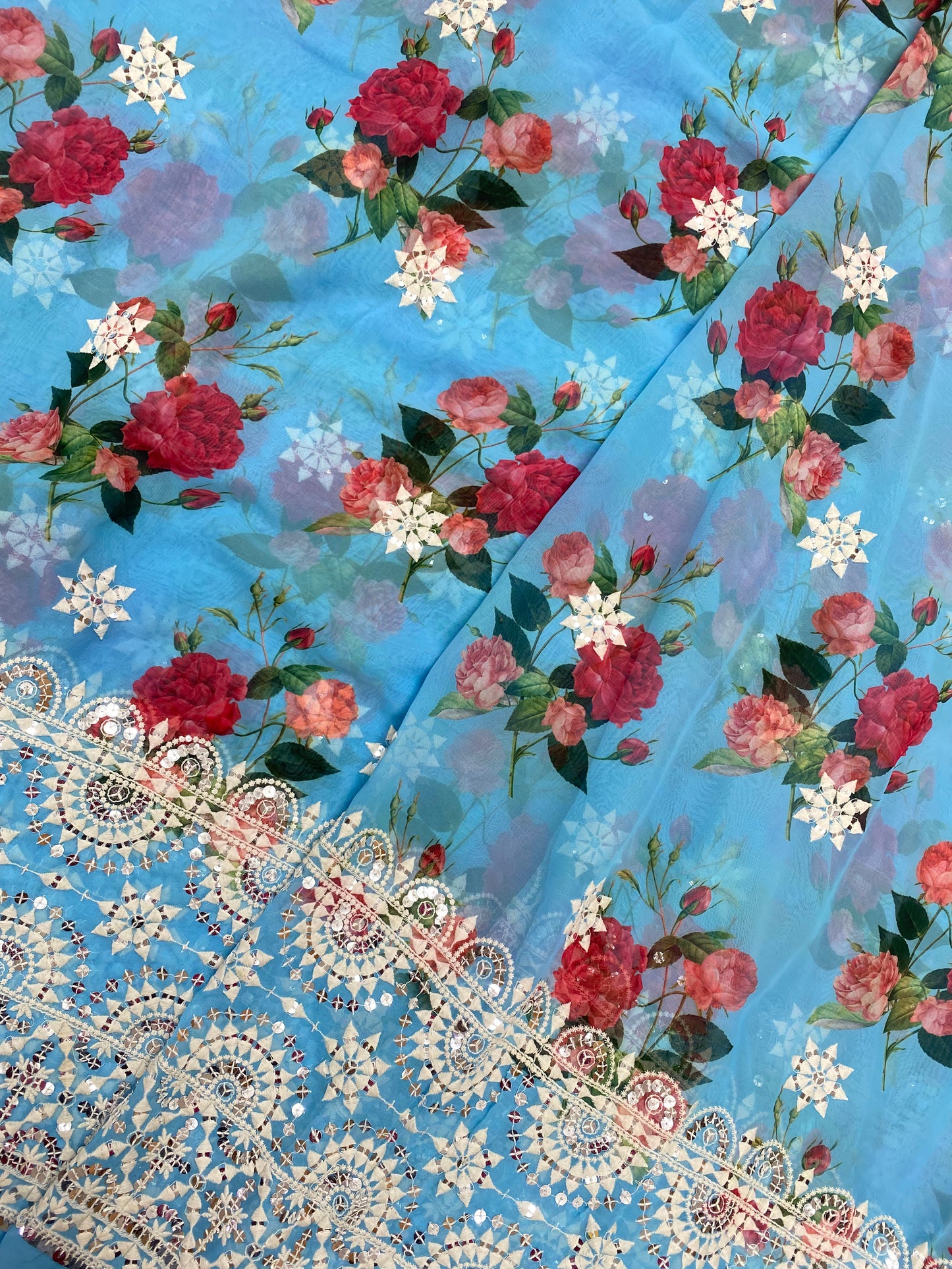 Red Rose Floral Print And White Ethnic Thread Embroidery With Sequin Work On Georgette Fabric