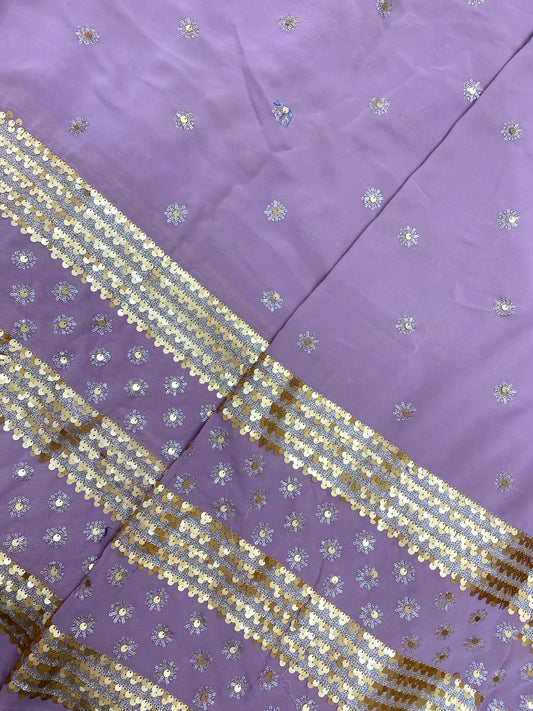 Dainty Premium Floral Sequin Work On Purple Color Georgette Fabric