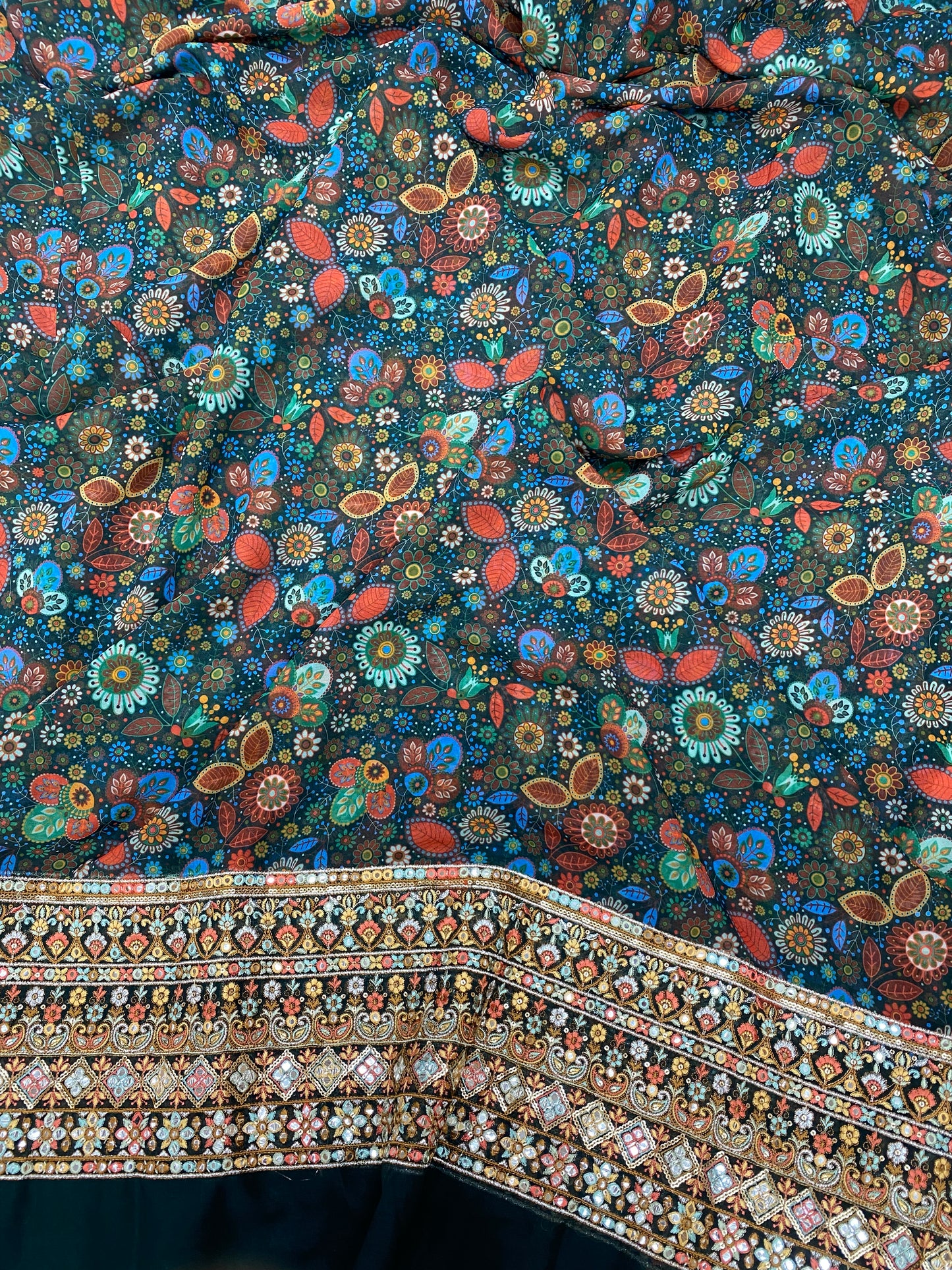 Amazing Multi Color Traditional Print With Heavy Sequin And Thread Work On Border Of Georgette Fabric