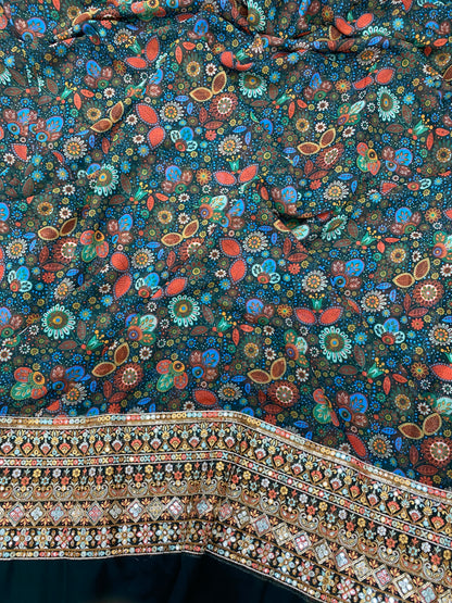 Amazing Multi Color Traditional Print With Heavy Sequin And Thread Work On Border Of Georgette Fabric