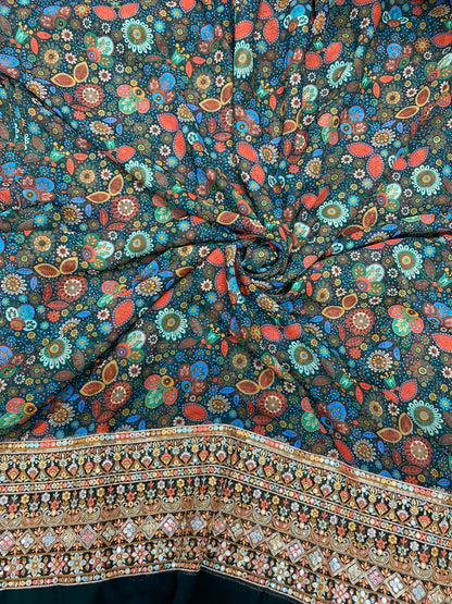 Amazing Multi Color Traditional Print With Heavy Sequin And Thread Work On Border Of Georgette Fabric