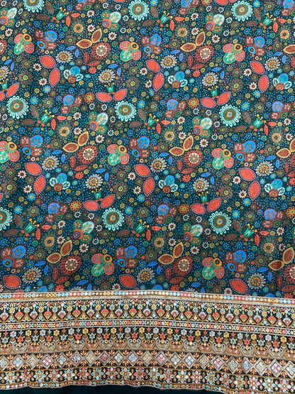 Amazing Multi Color Traditional Print With Heavy Sequin And Thread Work On Border Of Georgette Fabric