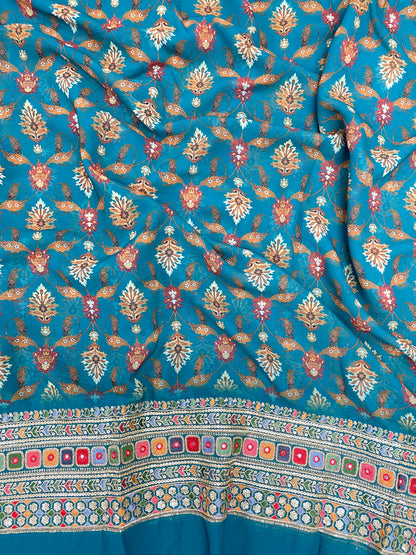 Gorgeous Ethnic Floral Print With Traditional Thread Embroidery And Faux Mirror Work On Georgette Fabric