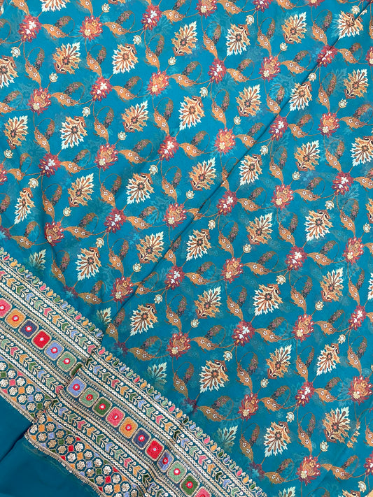 Gorgeous Ethnic Floral Print With Traditional Thread Embroidery And Faux Mirror Work On Georgette Fabric