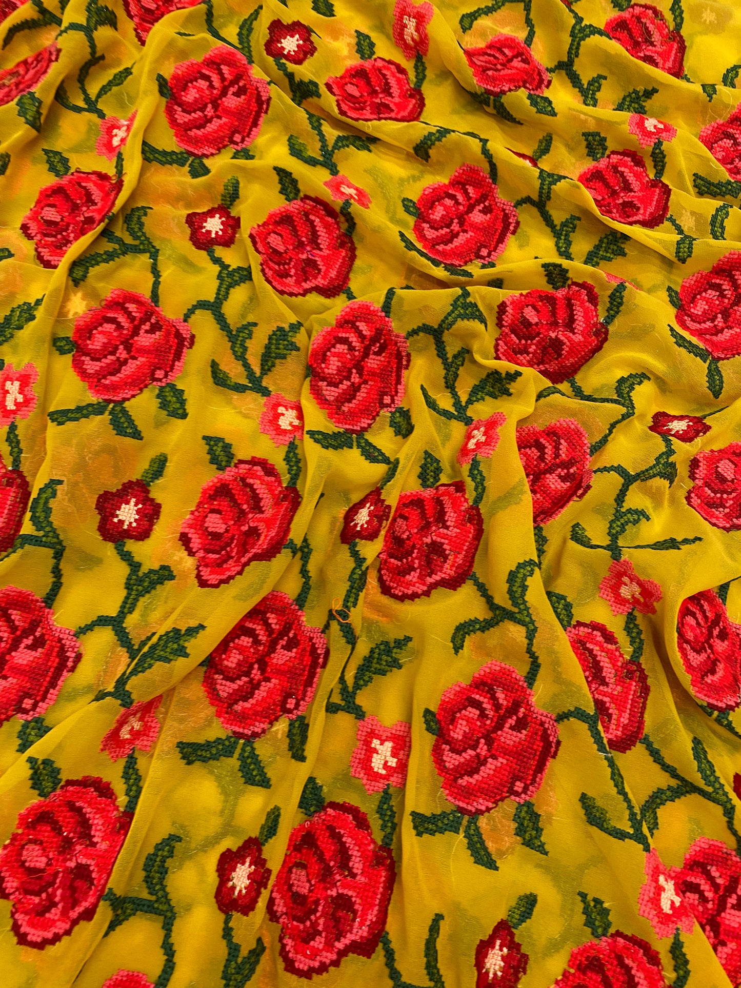 Amazing Attractive Multi Color Floral And Leafy Thread Embroidery On Yellow Georgette Fabric