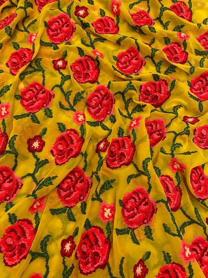 Amazing Attractive Multi Color Floral And Leafy Thread Embroidery On Yellow Georgette Fabric