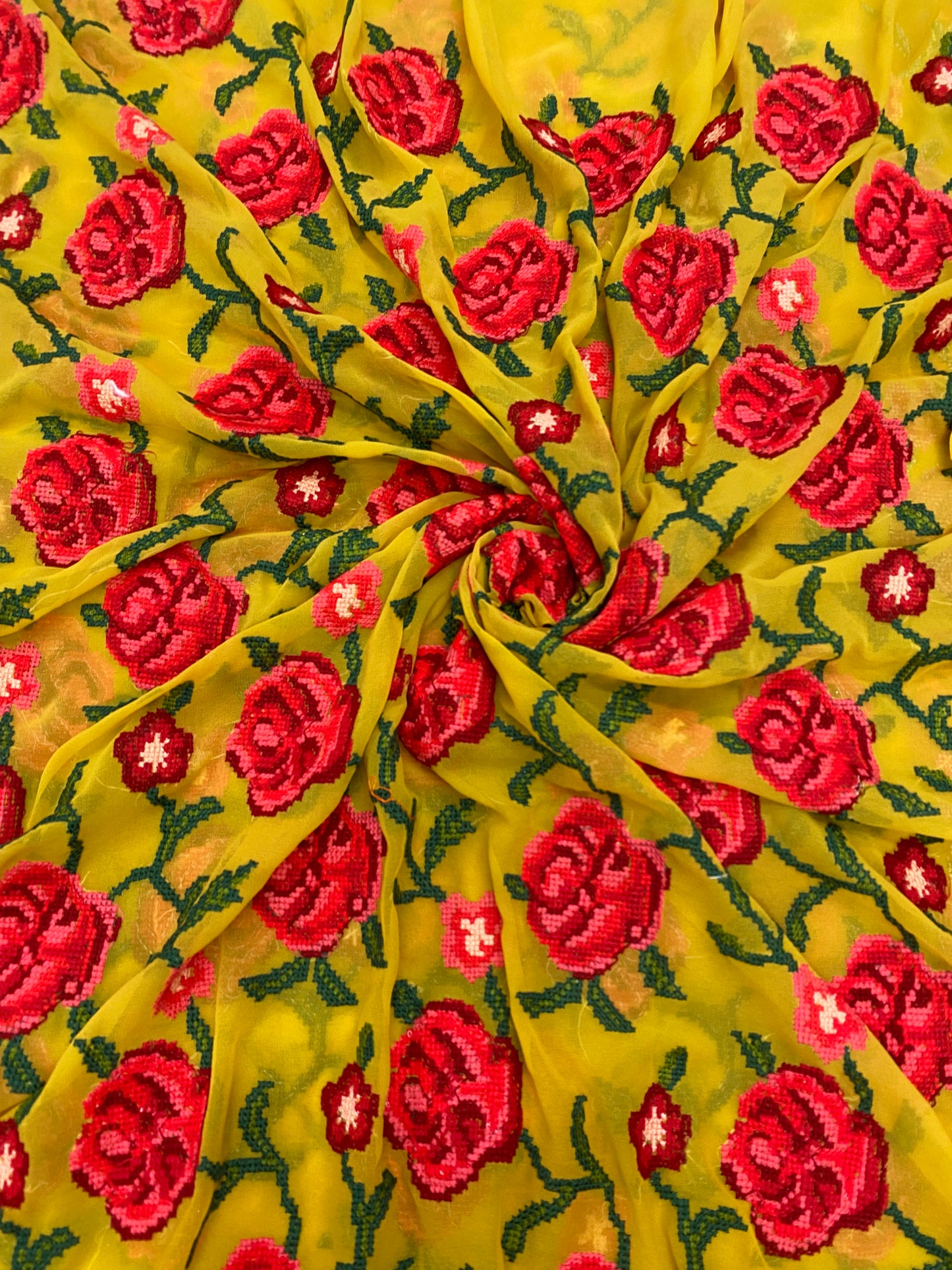 Amazing Attractive Multi Color Floral And Leafy Thread Embroidery On Yellow Georgette Fabric