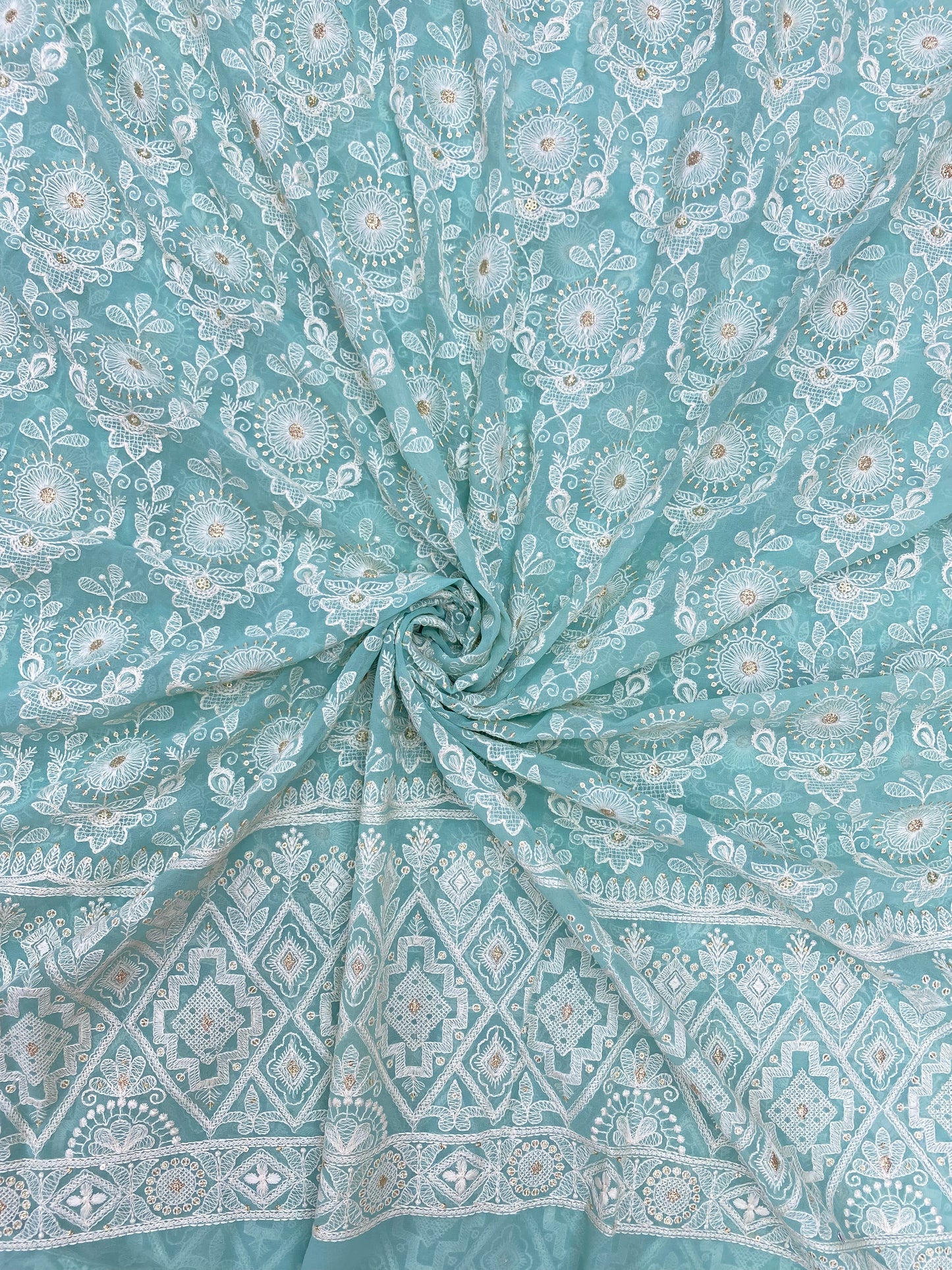 Exclusive Luxurious Traditional White Thread Embroidery With Zari Work On Georgette Fabric