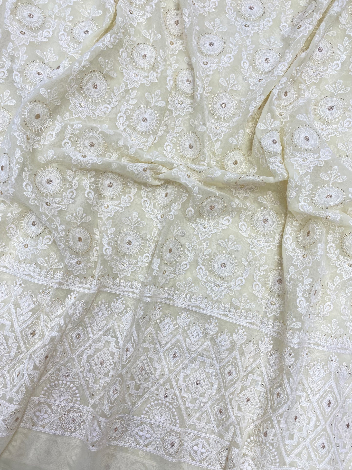 Exclusive Luxurious Traditional White Thread Embroidery With Zari Work On Georgette Fabric