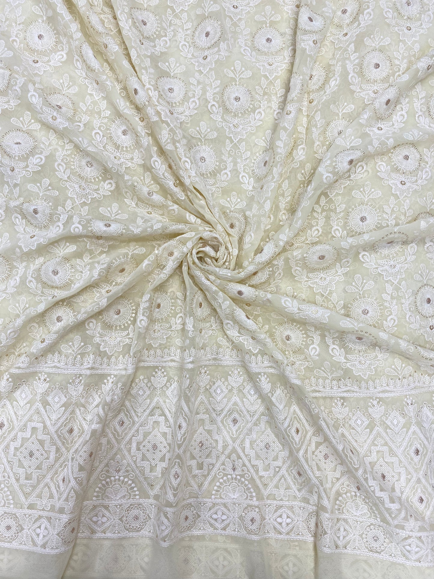 Exclusive Luxurious Traditional White Thread Embroidery With Zari Work On Georgette Fabric