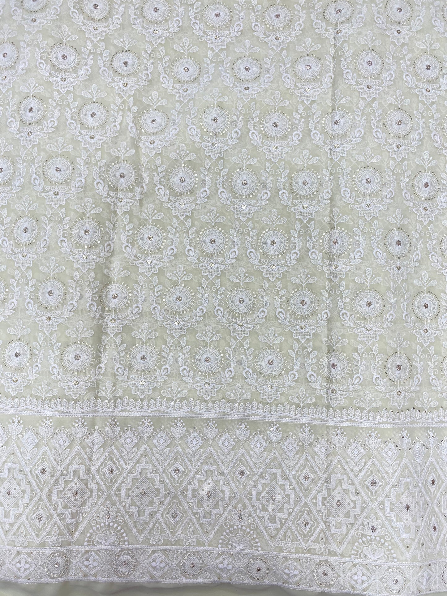 Exclusive Luxurious Traditional White Thread Embroidery With Zari Work On Georgette Fabric