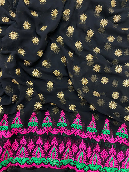 Premium Leafy Pink Green Traditional Thread Embroidery With Floral Zari Work On Georgette Fabric