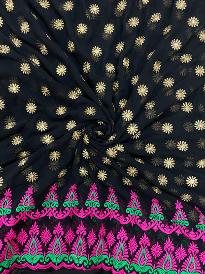 Premium Leafy Pink Green Traditional Thread Embroidery With Floral Zari Work On Georgette Fabric