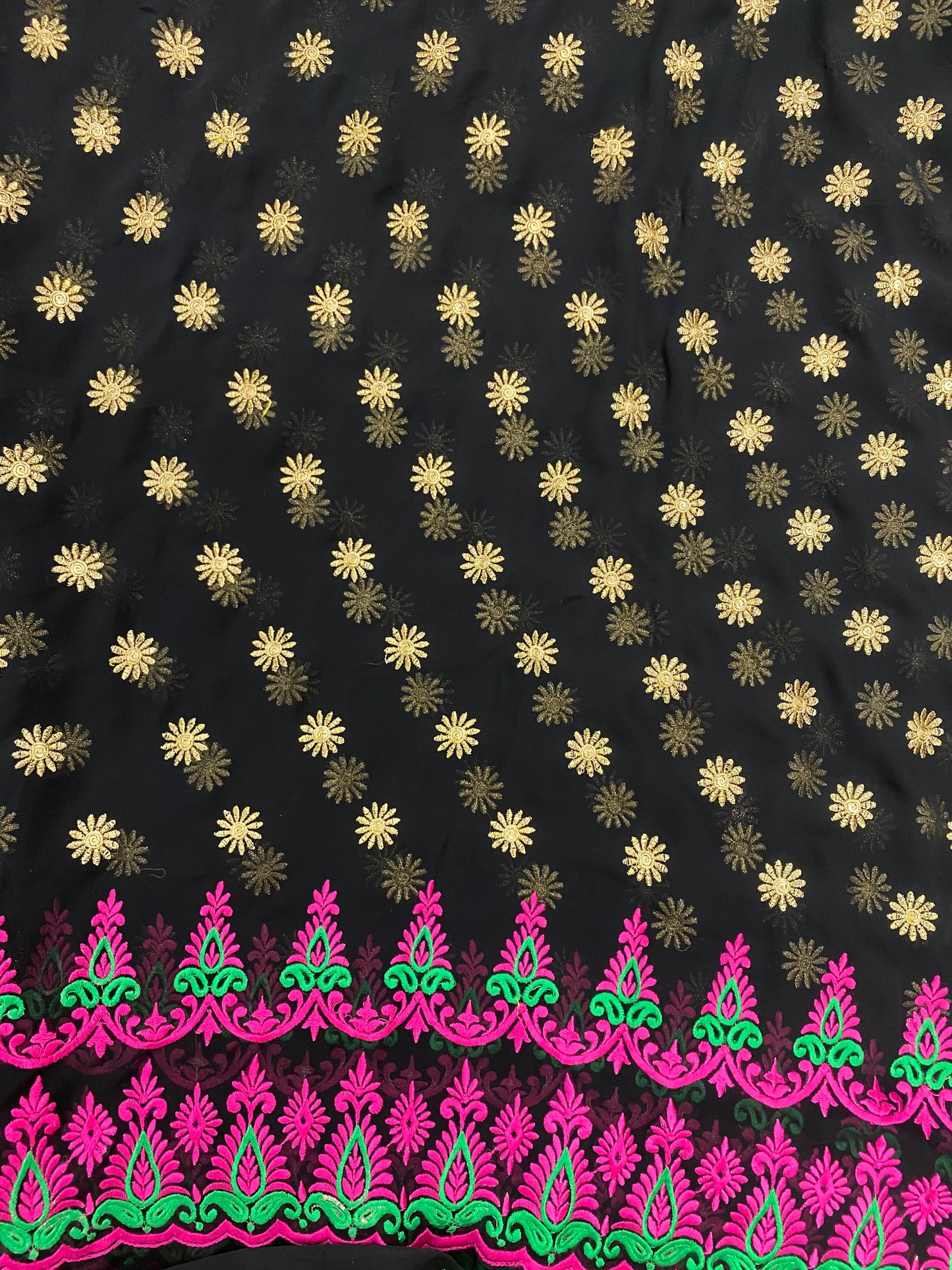 Premium Leafy Pink Green Traditional Thread Embroidery With Floral Zari Work On Georgette Fabric