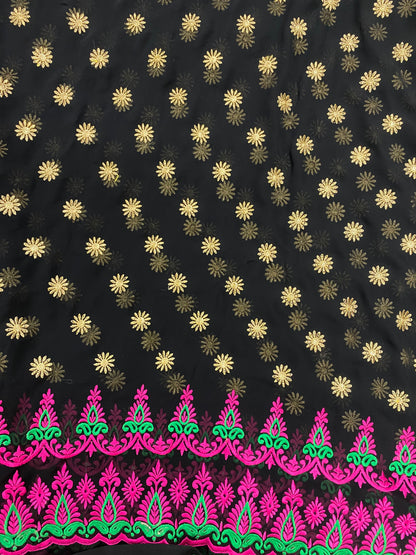 Premium Leafy Pink Green Traditional Thread Embroidery With Floral Zari Work On Georgette Fabric