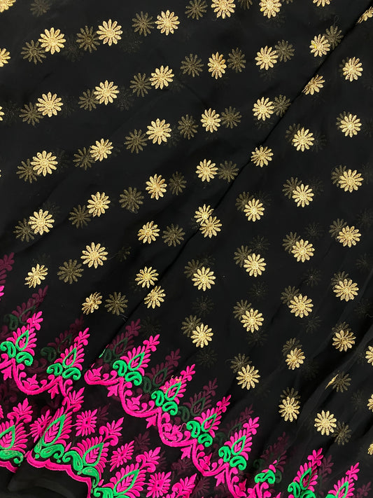 Premium Leafy Pink Green Traditional Thread Embroidery With Floral Zari Work On Georgette Fabric