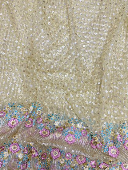 Excellent Classic Floral Thread Embroidery With Golden Sequin Work On Net Fabric