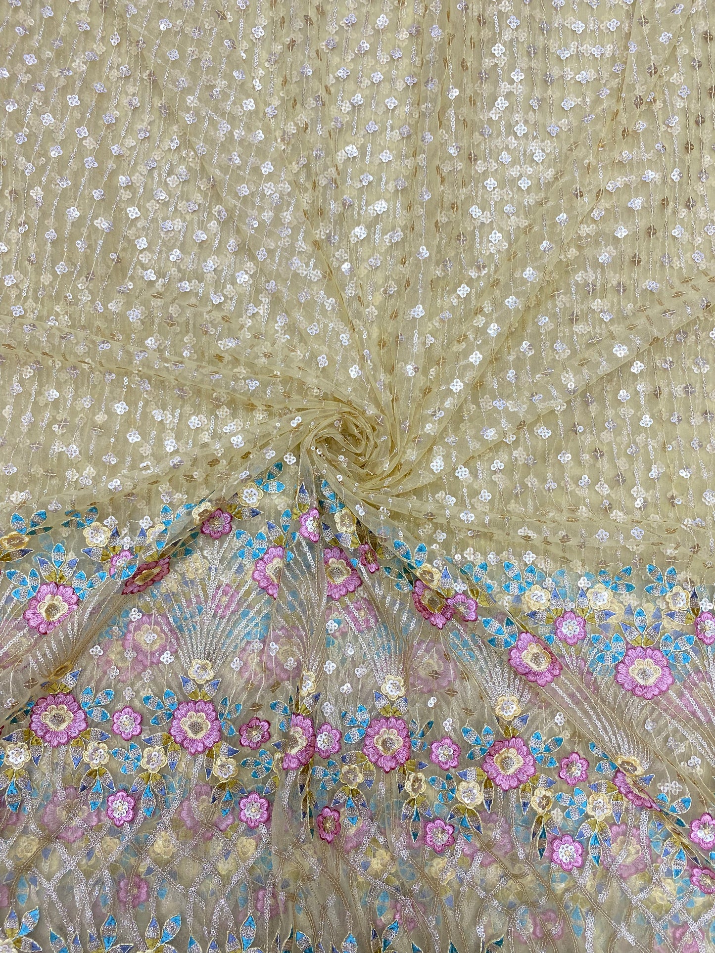 Excellent Classic Floral Thread Embroidery With Golden Sequin Work On Net Fabric