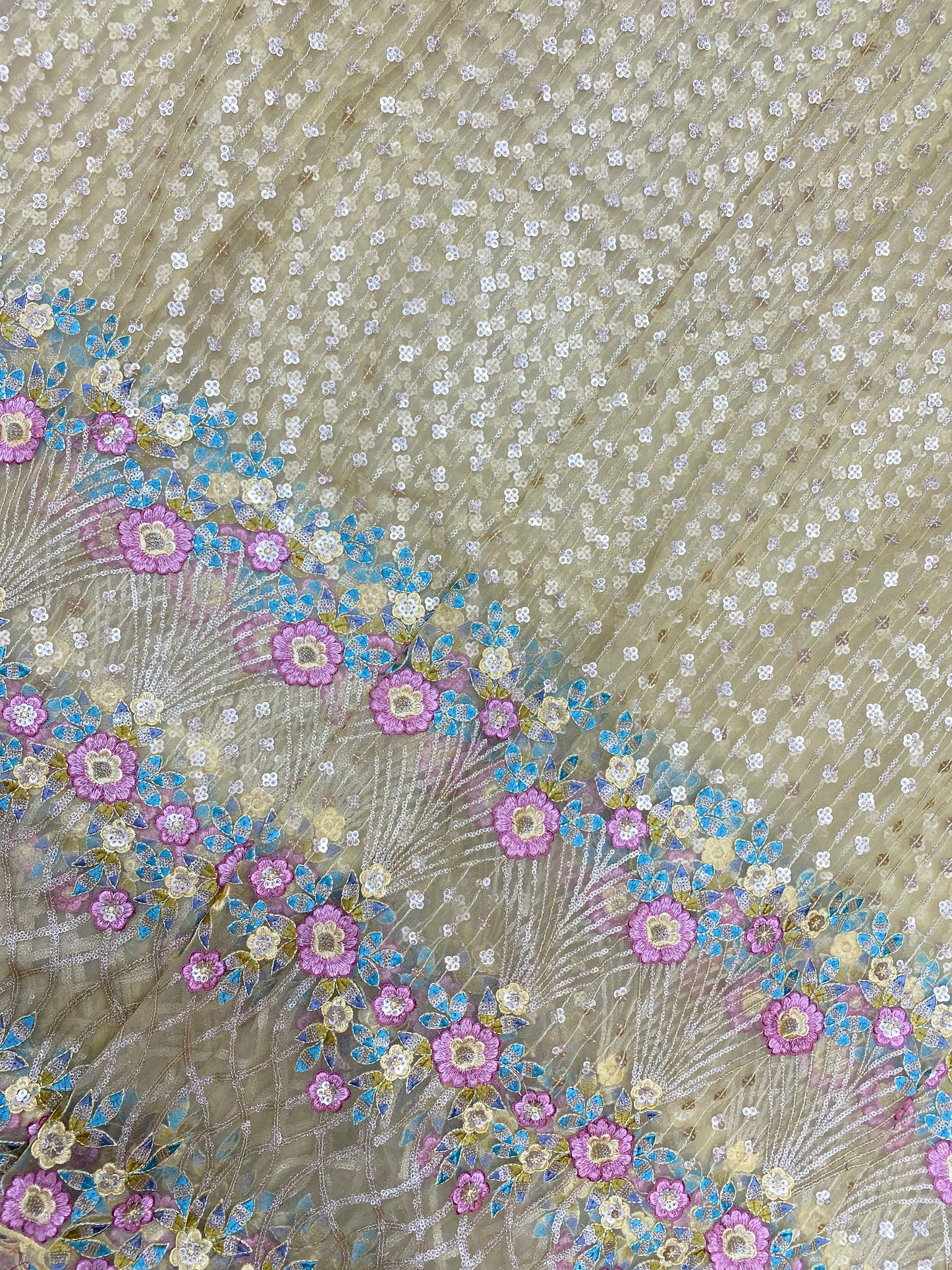 Excellent Classic Floral Thread Embroidery With Golden Sequin Work On Net Fabric