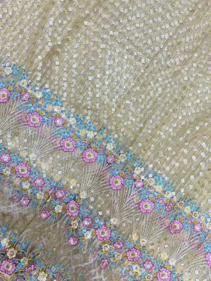 Excellent Classic Floral Thread Embroidery With Golden Sequin Work On Net Fabric