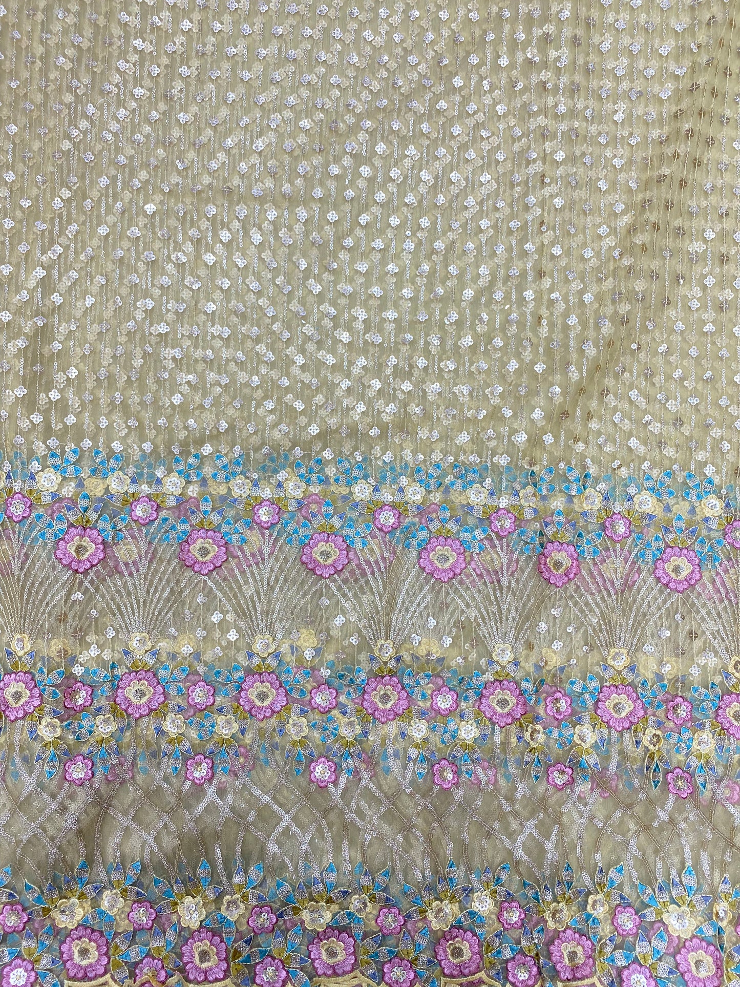 Excellent Classic Floral Thread Embroidery With Golden Sequin Work On Net Fabric