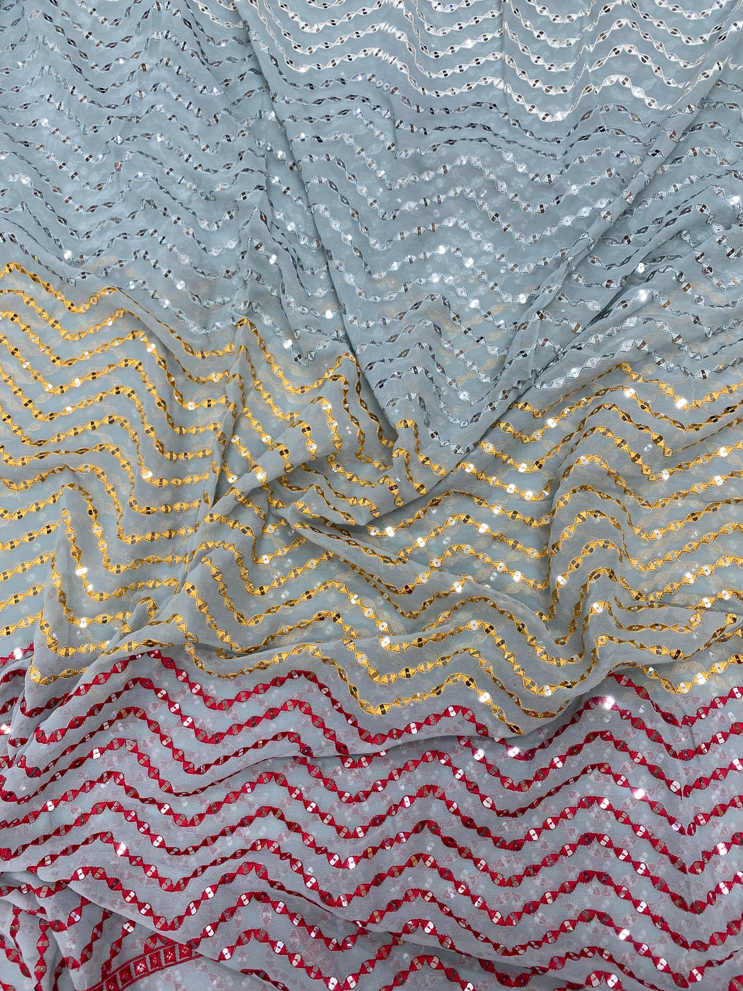 Pretty Sparkling Zig Zag Multicolor Thread Embroidery With Dainty Sequin Work On Georgette Fabric