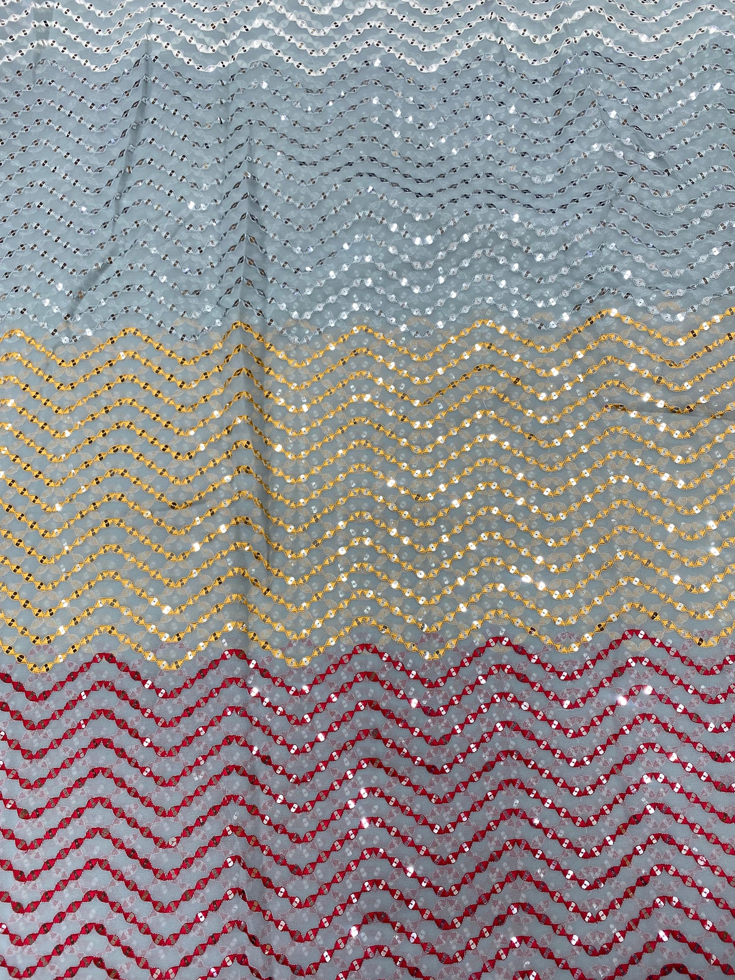 Pretty Sparkling Zig Zag Multicolor Thread Embroidery With Dainty Sequin Work On Georgette Fabric