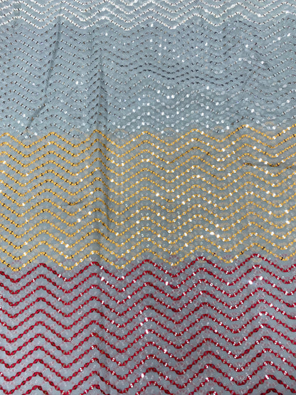 Pretty Sparkling Zig Zag Multicolor Thread Embroidery With Dainty Sequin Work On Georgette Fabric