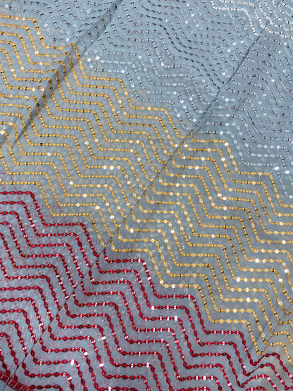 Pretty Sparkling Zig Zag Multicolor Thread Embroidery With Dainty Sequin Work On Georgette Fabric