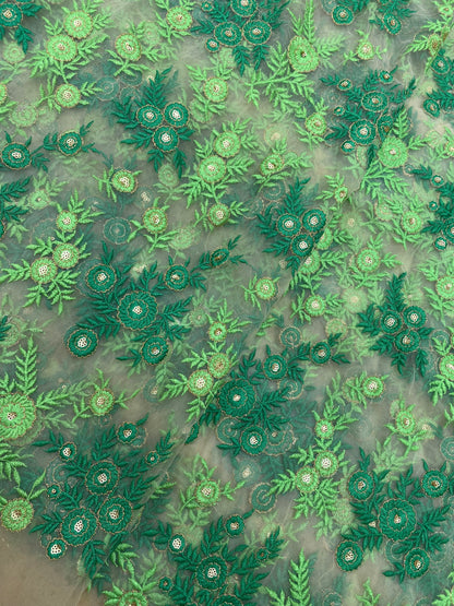 Eye Catching Green Floral Thread Embroidery With Sequin Work On Net Fabric