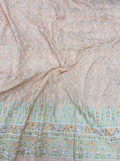 Subtle Yet Elegant Paisley Multi Color Thread Embroidery With Faux Mirror And Zari Work On Georgette Fabric