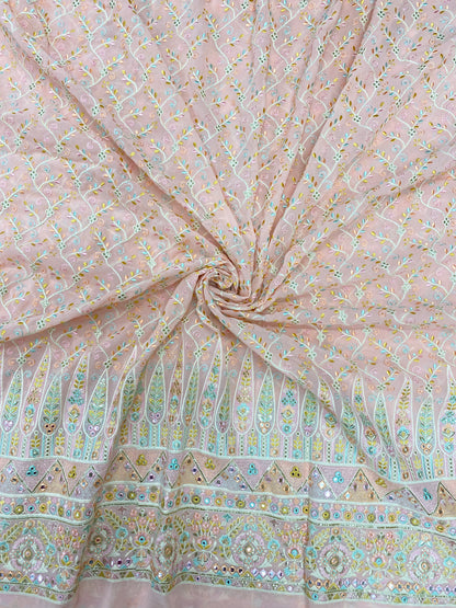 Subtle Yet Elegant Paisley Multi Color Thread Embroidery With Faux Mirror And Zari Work On Georgette Fabric