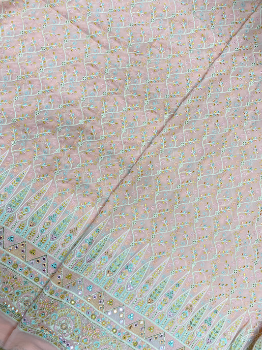 Subtle Yet Elegant Paisley Multi Color Thread Embroidery With Faux Mirror And Zari Work On Georgette Fabric