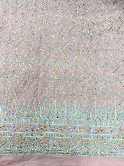 Subtle Yet Elegant Paisley Multi Color Thread Embroidery With Faux Mirror And Zari Work On Georgette Fabric