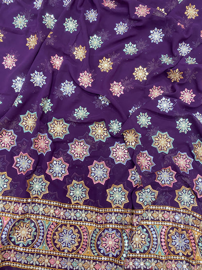 Star Glorious Multi Color Thread Embroidery With Golden Sequin Work On Georgette Fabric