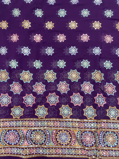 Star Glorious Multi Color Thread Embroidery With Golden Sequin Work On Georgette Fabric