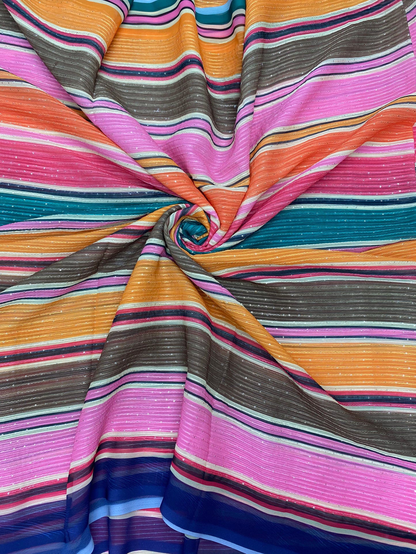 Stunning Striking Multi Color Stripe Thread Embroidery With Dainty Sequin Work On Georgette Fabric