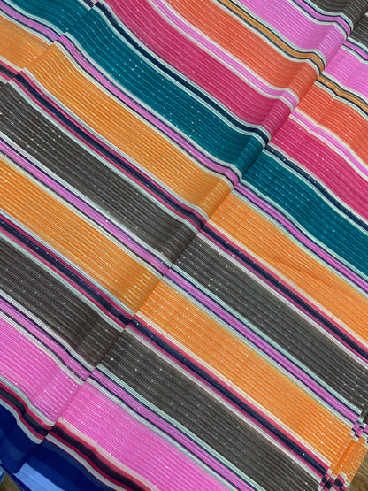 Stunning Striking Multi Color Stripe Thread Embroidery With Dainty Sequin Work On Georgette Fabric