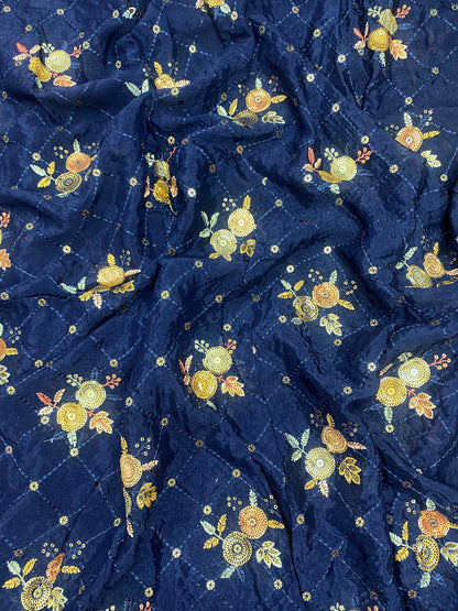 Striking Magnificent Ethnic Floral Thread Embroidery With Golden Sequin Work On Chinon Fabric