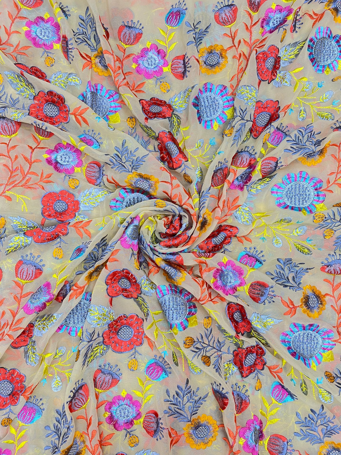 Superb Gorgeous Multi Color Floral Thread Embroidery All Over Georgette Fabric