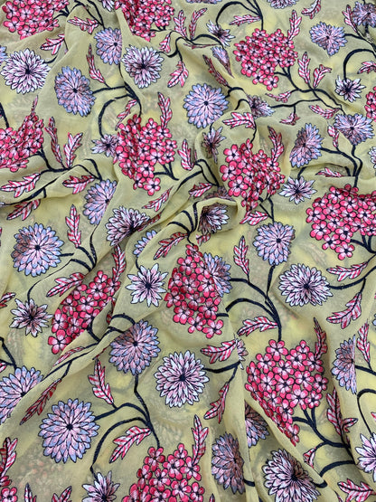 Lovely Luxurious Multi Color Floral Thread Embroidery All Over Yellow Color Georgette Fabric