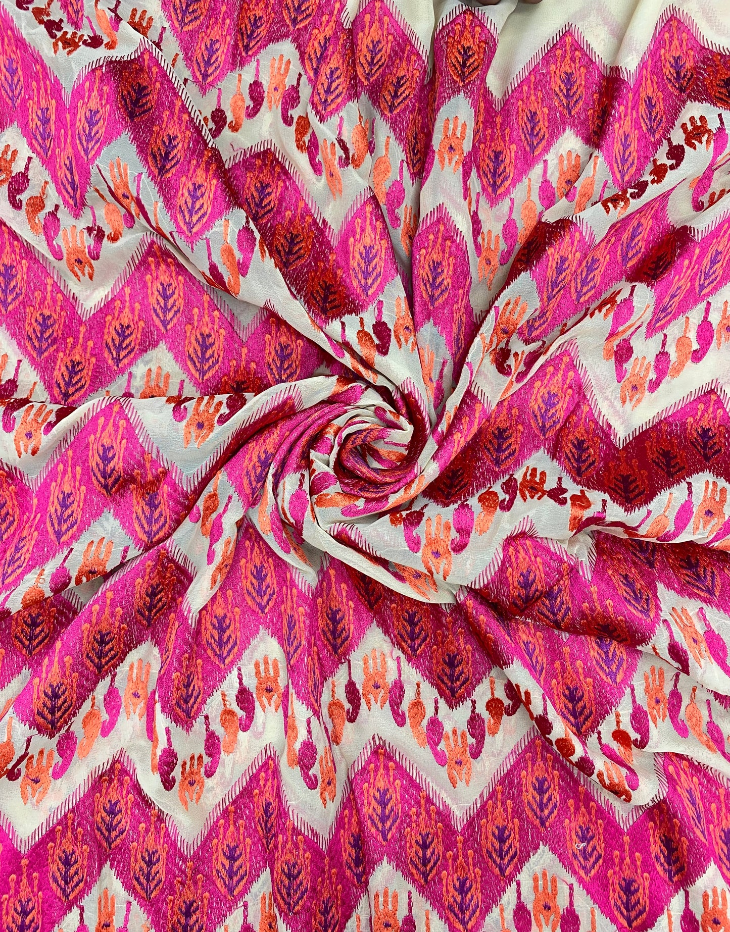 Soft Mesmerizing Pink Orange Thread Embroidery All Over Georgette Fabric