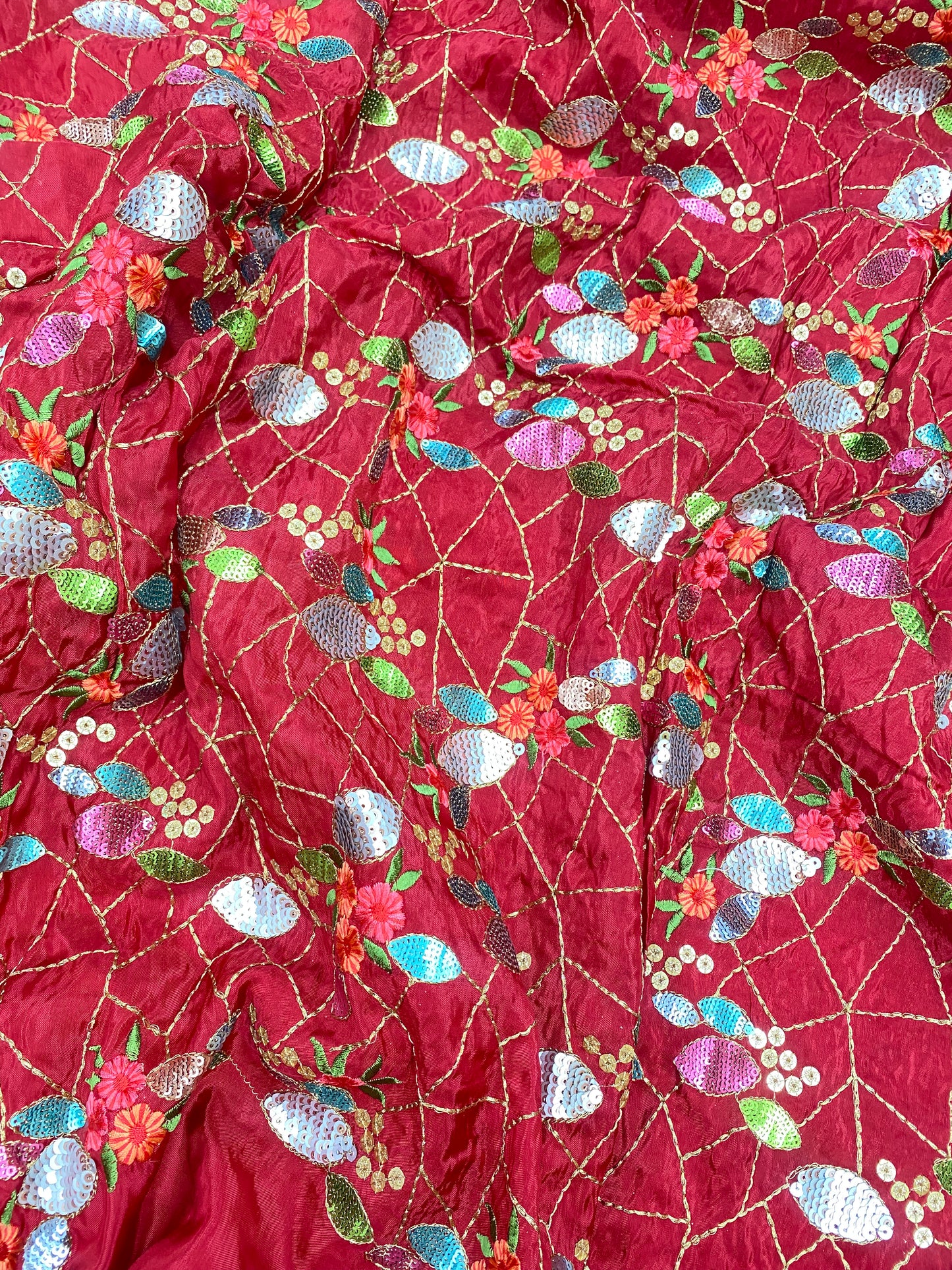 Delightful Bright Floral Multi Color Thread Embroidery With Silver Sequin And Zari Work On Upada Fabric